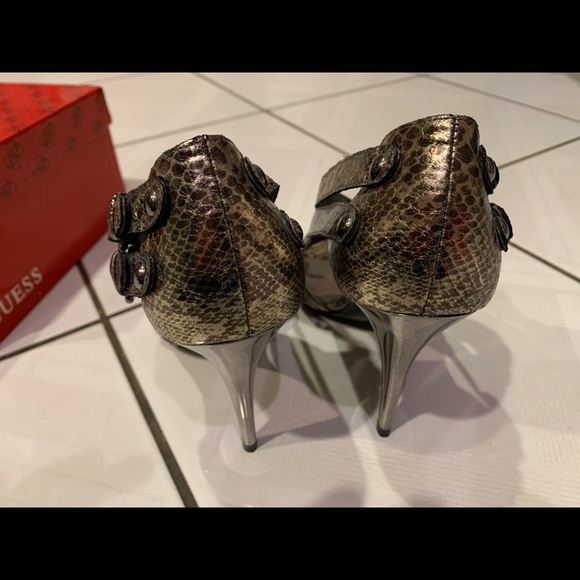 Pewter and Gold Double Buckle Guess Heels - Picture 3 of 9